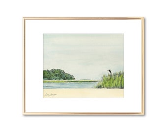 Bald Eagle Over the Julienton River - Coastal Georgia Watercolor - Fine Art Print by artist Heather L. Young - Beach House Decor - Seascape