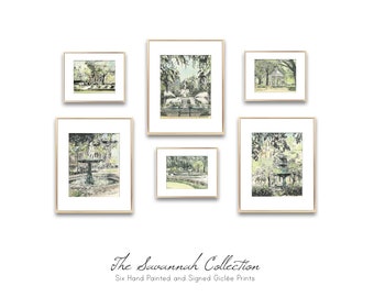 Collection of Savannah Square Watercolor Prints - Hand Painted Set of Six - Savannah Art - Wedding Gift - Gallery Wall - Vintage Style Décor