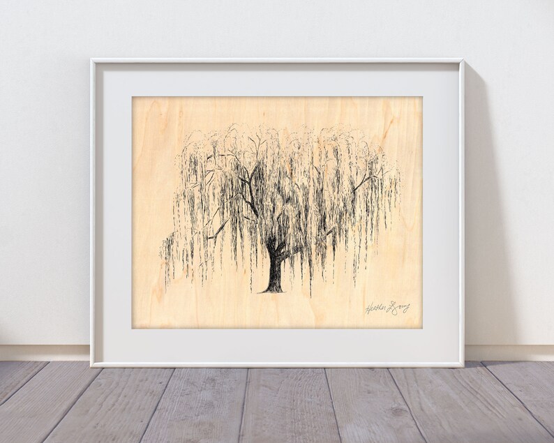 Weeping Willow Tree Print - Wood Wall Art - Botanical Illustration ...
