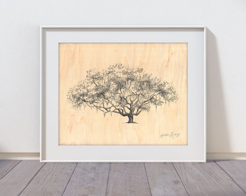 Old Oak Tree Print Wood Wall Decor Fine Art Print on Wood 5th Anniversary Gift Rustic Drawing Nature Inspired Art Southern Art image 3