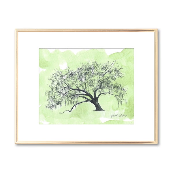 Green Watercolor Old Oak Tree Print - Nature Lover Gift - Georgia Art - Line Drawing - Southern Decor - Unique Gift - Nature Wall Art