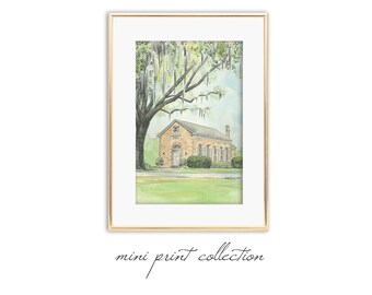 Whitefield Chapel at Bethesda Savannah Mini Watercolor Fine Art Print - Savannah Wedding Gift - Line Art - Anniversary Gift - Keepsake