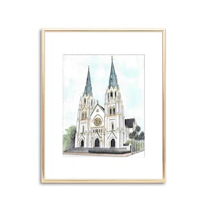 The Cathedral Basilica of St. John the Baptist Savannah Watercolor Painting - Hand Painted Fine Art Print Anniversary Bridal Wedding Gift
