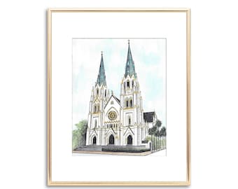 The Cathedral Basilica of St. John the Baptist Savannah Watercolor Painting - Hand Painted Fine Art Print Anniversary Bridal Wedding Gift