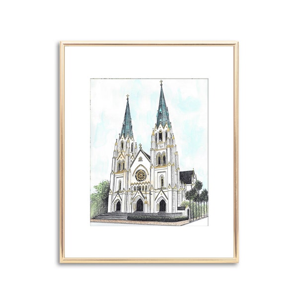 La Catedral Basílica de San Juan Bautista Sabana Pintura de acuarela - Pintado a mano Bellas Artes Impresión Aniversario Regalo de boda nupcial