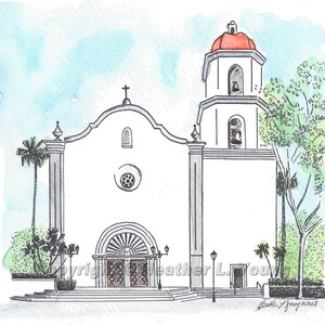 Mission Basilica San Juan Capistrano California Hand Painted Watercolor Painting Fine Art Print Unique Wedding Gift Line Drawing image 2