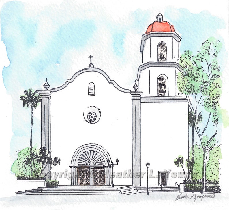 Mission Basilica San Juan Capistrano California Hand Painted Watercolor Painting Fine Art Print Unique Wedding Gift Line Drawing image 2