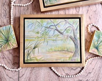 Windswept Oak - Original Drawing with Watercolor Washes on Wood - Vintage Style Coastal Landscape