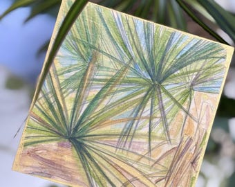 Original Coastal Palm Watercolor Painting, Botanical Art, Green Tropical Wall Decor, Small Nature Artwork, Southern Coastal Landscape