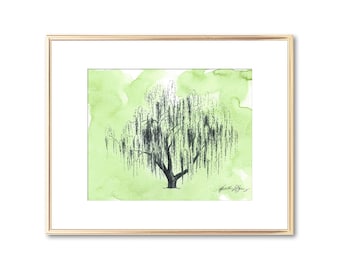 Willow Tree Print - Watercolor Painting - Technical Drawing - Nature Lover Gift - Husband or Wife Gift 9th Anniversary Gift - Line Art