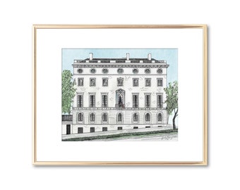 Harold Pratt House - Manhattan New York - Hand Painted Watercolor - Pen and Ink Drawing - Fine Art Print - Unique Wedding Gift - Couple Gift