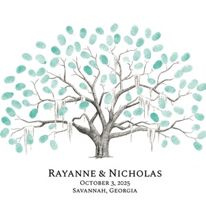 May include: A black and white illustration of a tree with green leaves. The tree has a thick trunk and branches with hanging vines. The text "RAYANNE & NICHOLAS" is below the tree, along with the date "OCTOBER 3, 2025" and the location "SAVANNAH, GEORGIA".