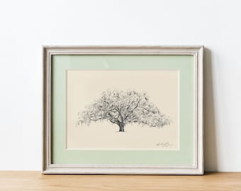 Old Oak Tree Print - Nature Art - Southern Farmhouse Decor - Live Oak Tree Drawing with Spanish Moss - Line Art - Tree Wall Art - Savannah