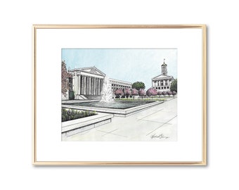 Nashville War Memorial Auditorium - Tennessee Capitol Building - Hand Painted Watercolor - Pen and Ink Drawing - Signed Fine Art Print Gift