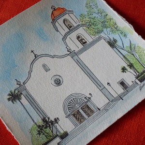 Mission Basilica San Juan Capistrano California Hand Painted Watercolor Painting Fine Art Print Unique Wedding Gift Line Drawing image 1