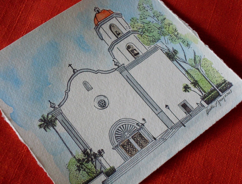 Mission Basilica San Juan Capistrano California Hand Painted Watercolor Painting Fine Art Print Unique Wedding Gift Line Drawing image 1