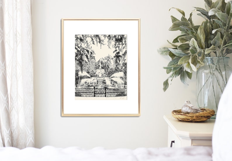 Savannah Forsyth Park Fountain Pen and Ink Drawing Black and White Fine Art Print Signed Keepsake Personalized Wedding Gift Giclee image 2