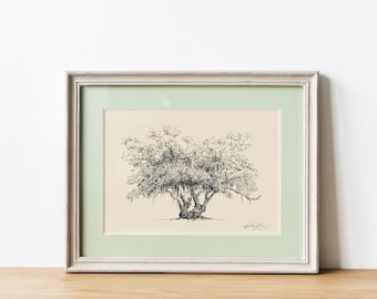 Lovers Oak Tree Print - Nature Lover Gift - Couple Gift - Southern Decor - Old Oak - Spanish Moss - Line Drawing - Botanical Wall Art -Gift