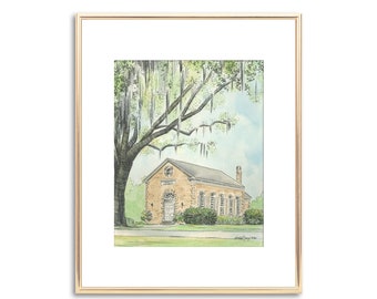 Bethesda Whitefield Chapel Savannah - Hand Painted Watercolor Painting - Fine Art Print - Wedding - Bridal Shower Gift - Pen and Ink Drawing