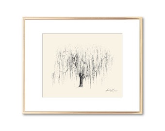 Weeping Willow Tree Drawing - Line Art - Botanical Illustration - Rustic Wall Art - Nature Inspired Art - 9th Anniversary Gift - Couple Gift