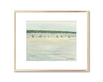 Pelicans at the Sandbar - Coastal Georgia Art - Watercolor Painting Fine Art Giclee Print - Art Lover Gift - Beach House Decor - Nautical