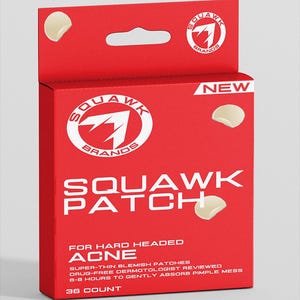 Puede incluir: Caja roja con un logotipo blanco que dice "Squawk Brands" y un texto blanco que dice "Squawk Patch" y "Para acné rebelde". La caja contiene 36 parches para imperfecciones súper delgados.