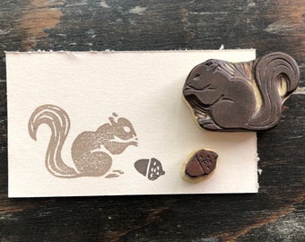Squirrel and Acorn Rubber Stamp Set Hand Carved Squirrel Stamp with Acorn Stamp