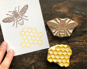 Handmade Honey Bee and Honeycomb Hand Carved Rubber Stamps