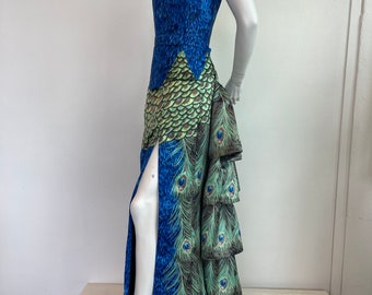 Vestido de tela de plumas de pavo real hecho a mano / vestido de fiesta de pájaro / vestido de fiesta único / vestido de novia diferente / vestido de ocasión única