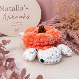 May include: A plush crochet turtle with a bright orange pumpkin-shaped shell and a white head and flippers speckled with black. The turtle features a dark brown stem on top of the shell and small black bead eyes on its white head.