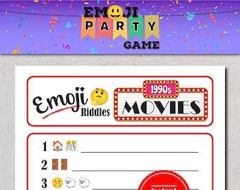 Peut inclure: Une feuille de jeu imprimable avec le titre "Emoji Riddles 1990s Movies". La feuille comporte six énigmes d'emoji avec une ligne vide pour la réponse. Les emojis sont : une maison avec des confettis, deux portes fermées, un visage pensant avec deux moutons, un symbole d'interdiction, une tête bleue, une femme tenant un bébé, une chaise, un cercueil, un homme dansant, deux loups, un homme avec une flèche pointant vers la droite, une femme avec une couronne et un ordinateur.