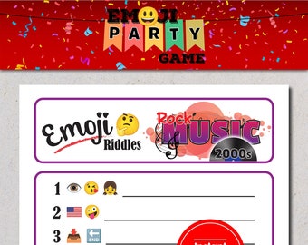 Jeu de rock emoji des années 2000, jeu de rock n roll, jeu d'emojis sur le thème de la musique, jeu de devinettes d'emojis, jeu d'emojis imprimables, party fun, mélomane