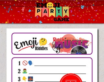 Jeu de rock Emoji des années 1990, jeu de rock n roll, jeu d'emoji sur le thème de la musique, jeu de devinette Emoji, jeu d'emoji imprimable, fun, mélomane