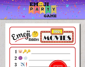 Peut inclure: Une feuille de jeu blanche "Emoji Riddles" avec un bord rouge, avec le texte "Emoji Riddles" et "1980s Movies". Le jeu comprend des indices emoji et un bouton rouge "Téléchargement instantané".