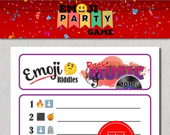 Jeu de rock emoji des années 2010, jeu de rock n roll, jeu d'emojis sur le thème de la musique, jeu de devinettes d'emojis, jeu d'emojis imprimables, faire la fête, mélomane