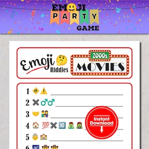 Może przedstawiać: Drukowana karta gry z tytułem "Emoji Riddles 2000s Movies". Karta zawiera sześć zagadek z emotikonami, z odpowiedziami do uzupełnienia. Karta zawiera również czerwone koło z tekstem "Natychmiastowe pobranie" i czerwoną strzałkę skierowaną w dół.