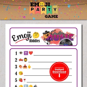 May include: A printable game sheet with a purple and white header that says "Emoji Riddles Country Music 1990s". The sheet has six emoji riddles with numbers 1 through 6. The sheet also has a red circle with the text "Instant Download" and a downward arrow.