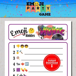 Może przedstawiać: Gra imprezowa zatytułowana "Emoji Party Game" na górze. Gra zawiera motywy "Emoji Riddles" i "Hip Hop Music 2000s". Zawiera zagadki oparte na emoji z liniami odpowiedzi i przyciskiem "Natychmiastowe pobieranie".