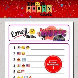 Może przedstawiać: Drukowana karta gry z tytułem "Emoji Riddles Rock Music 2000s". Karta zawiera sześć zagadek z emoji, z odpowiedziami do uzupełnienia. Karta zawiera również czerwony przycisk z napisem "Natychmiastowe pobranie".