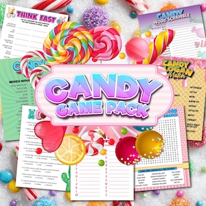May include: A colorful candy game pack with various game sheets and lollipops. The central design features the words "CANDY GAME PACK" in a vibrant, multi-colored font. The image includes lollipops and candies.