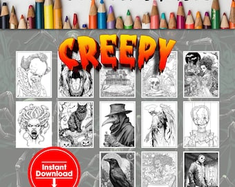 Może przedstawiać: Kolekcja czarno-białych "Creepy Coloring Pages" z różnymi upiornymi ilustracjami, w tym klaunem, wilkiem, nawiedzonym domem i czaszką. Obraz zawiera również czerwone koło ze słowami "Instant Download". Rząd kolorowych ołówków na górze.
