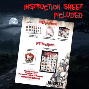 May include: A printed instruction sheet for a horror-themed bingo game. The sheet includes instructions, preparation steps, and images of calling cards, marker sheets, and bingo sheets. The game is called "HORROR BINGO" and is made by Mi2Fits.