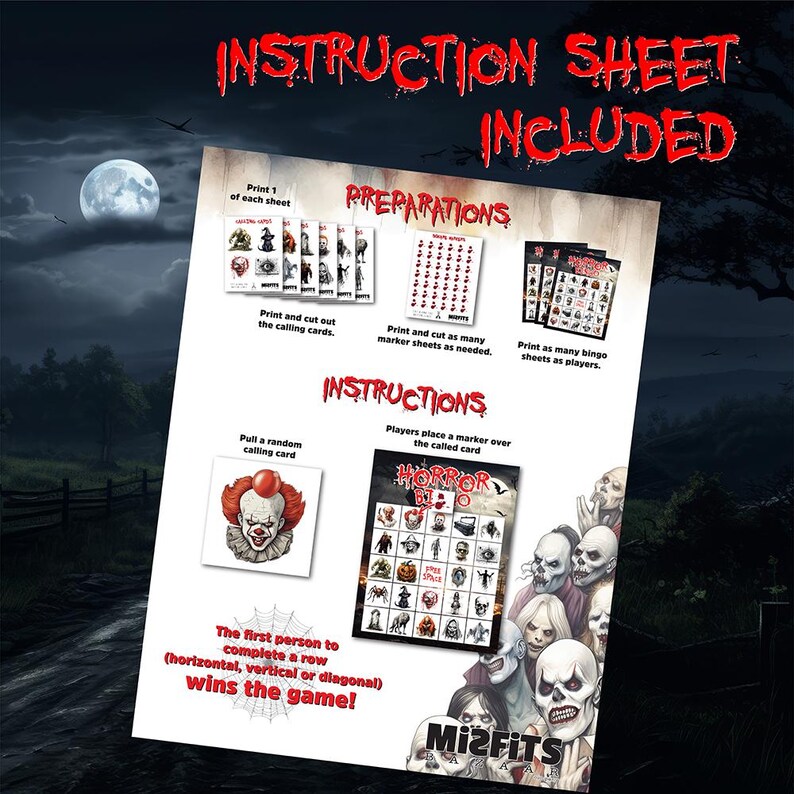 May include: A printed instruction sheet for a horror-themed bingo game. The sheet includes instructions, preparation steps, and images of calling cards, marker sheets, and bingo sheets. The game is called "HORROR BINGO" and is made by Mi2Fits.