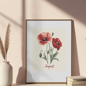 August Birthday Gift Poppy Birth Flower Print, Poster, Gift for Her, Downloadable Wall Art, Digital Art, Botanical, Printable Art