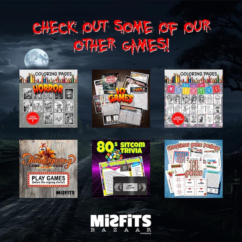 May include: An advertisement for various games, including coloring pages, trivia, and holiday-themed packs. The image features several game covers with titles like "Horror," "101 Games," and "80's Sitcom Trivia." The text "CHECK OUT SOME OF OUR OTHER GAMES!" is displayed at the top.