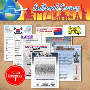 South Korean Printable Games Pack, Cultural Activities Bundle, Coloring Pages, K-POP Trivia Game, Downloadable, Road Trip Games