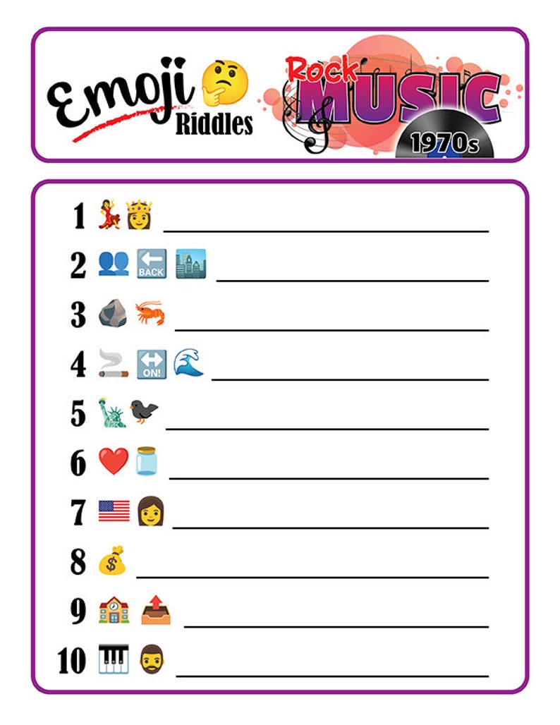 1970s Rock Emoji Pictionary Game, Rock N Roll Game, Music Themed Game ...