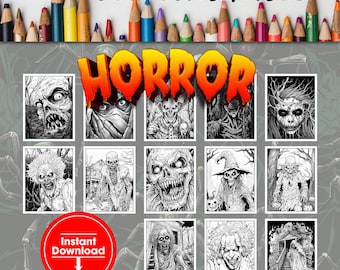 Może przedstawiać: Zestaw 12 czarno-białych stron do kolorowania z motywem horroru, przedstawiających różne straszne postacie i sceny. Tytuł "HORROR" jest napisany pogrubioną czcionką w kolorze czerwonym u góry obrazu. Tekst "Natychmiastowe pobranie" jest napisany białymi literami na czerwonym kółku ze strzałką skierowaną w dół.