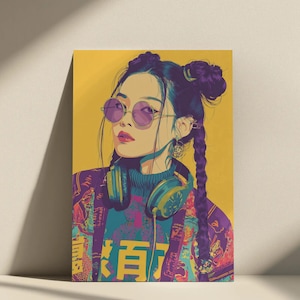 May include: Pop art style print of a woman with purple sunglasses, headphones, and a colorful jacket. The artwork features a yellow background and text in a foreign language. The woman has her hair in two buns and a long braid.