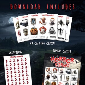 May include: A collection of Halloween-themed printables, including calling cards, bingo cards, and square markers. The calling cards feature images of horror characters. The text "DOWNLOAD INCLUDES" and "HORROR BINGO" are visible.